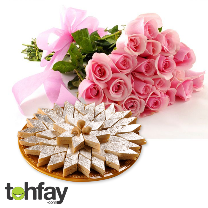 Imported roses with Kaju barfi online